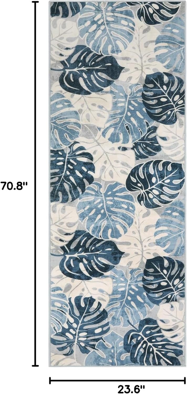 Wonnitar Monstera Leaf 2x6 Kitchen Rug Runner, Washable Blue Runner Rugs for Hallway, Non-Slip Tropical Plant Entryway Long Carpet Low Pile Accent Mat for Bedroom Bathroom Entrance