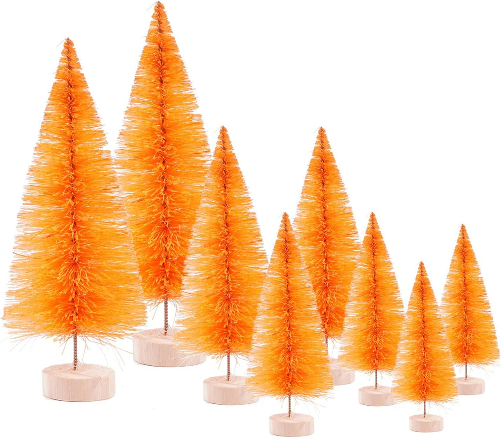 8 Pcs Artificial Mini Christmas Trees, Miniature Pine Trees Sisal Trees with Wood Base Tabletop Christmas Tree for Christmas Xmas Holiday New Year (Orange, 8 pcs)