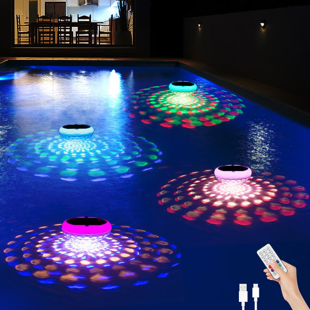 Solar and USB Rechargeable Floating Pool Lights, 2600mAh 6.7" IP68 Waterproof Pool Lights That Float with Remote, RGB 13 Colors Upper and Lower Glow Hangable Solar Floating Light for Outdoor 4 PCS