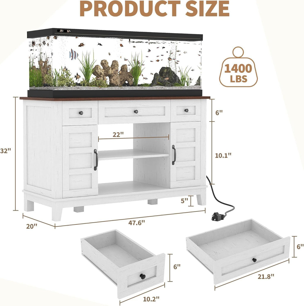 55-75 Gallon Fish Tank Stand - Farmhouse Design, Aquarium Stand with Power Outlet, 1400LBS Heavy Duty, Suitable for Fish Turtle Reptile Terrarium, White