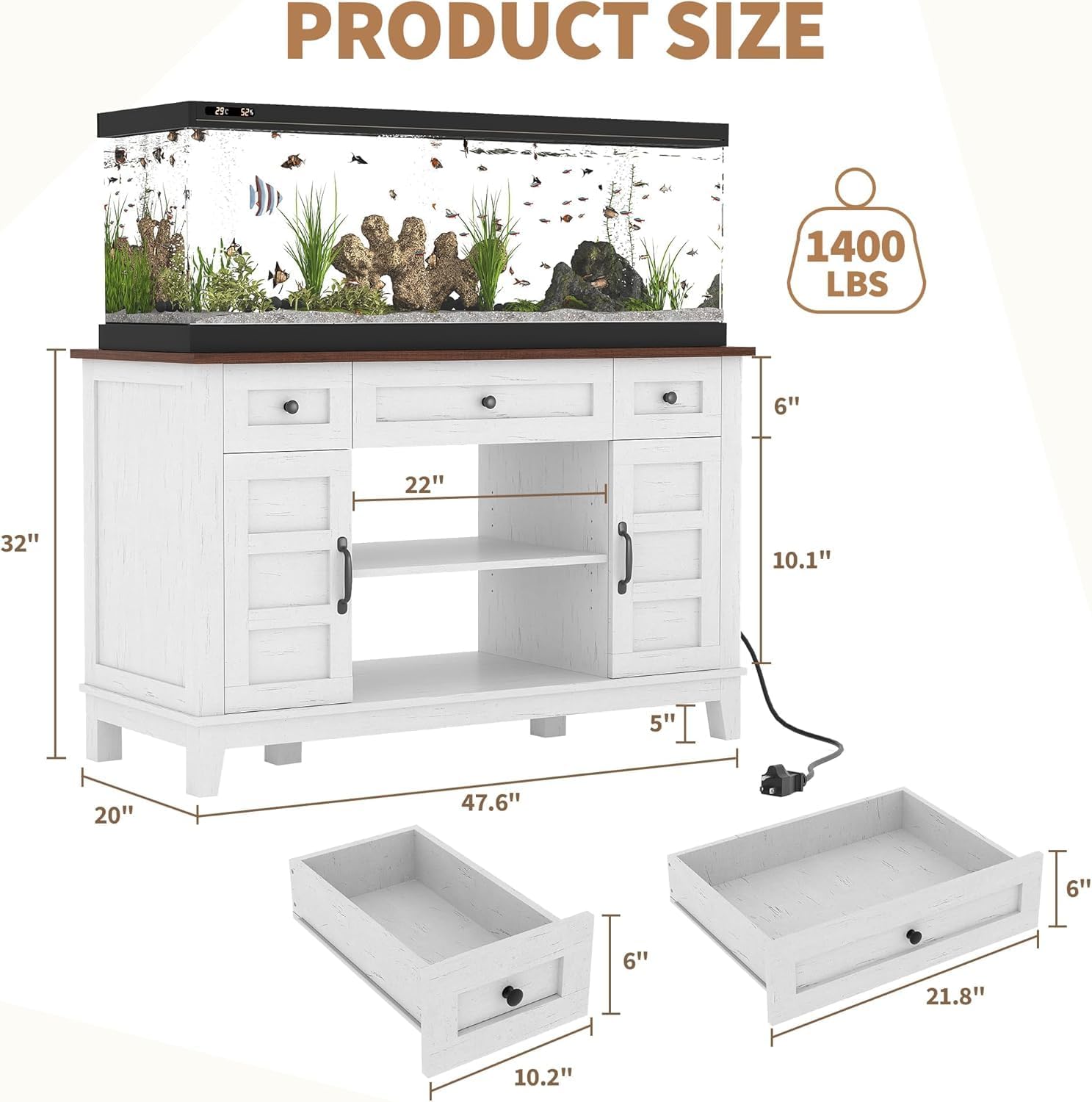 55-75 Gallon Fish Tank Stand - Farmhouse Design, Aquarium Stand with Power Outlet, 1400LBS Heavy Duty, Suitable for Fish Turtle Reptile Terrarium, White