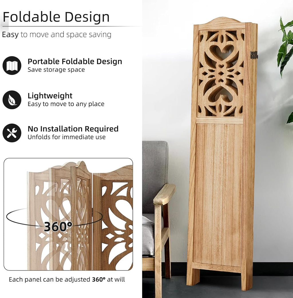 6 Panel Room Divider, 5.6Ft Carved Room Divider Wall and Folding Partition Divider Wal, Folding Privacy Screen, Portable Partition Screen for Bedroom Home Office - Natural