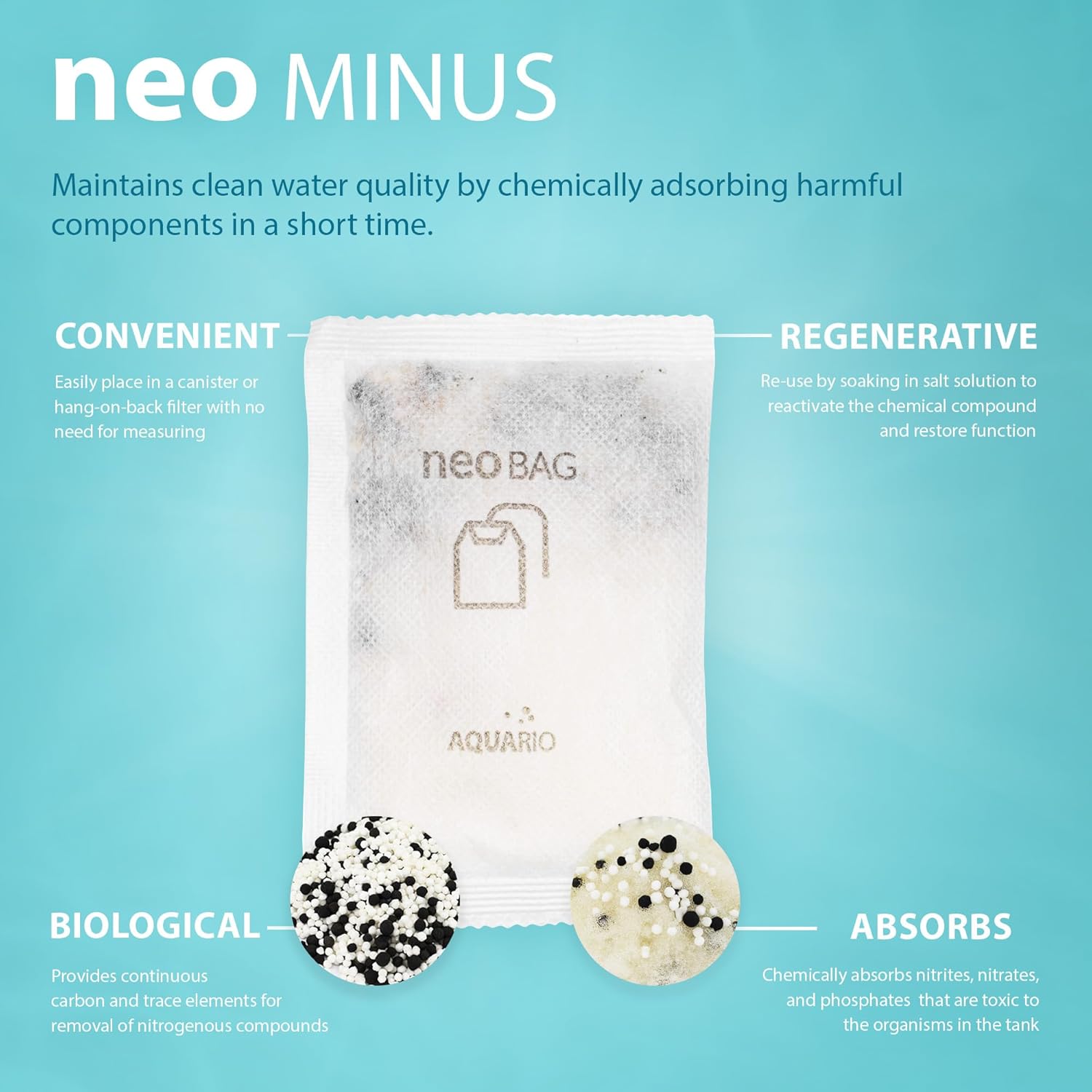 Neo Minus - Aquarium Filter Media - Harmful Negative Ion Adsorption, Phosphate Remover and Nitrate Remover for Aquarium Freshwater, Ideal for Aquatic Habitats - 8-Count Bags