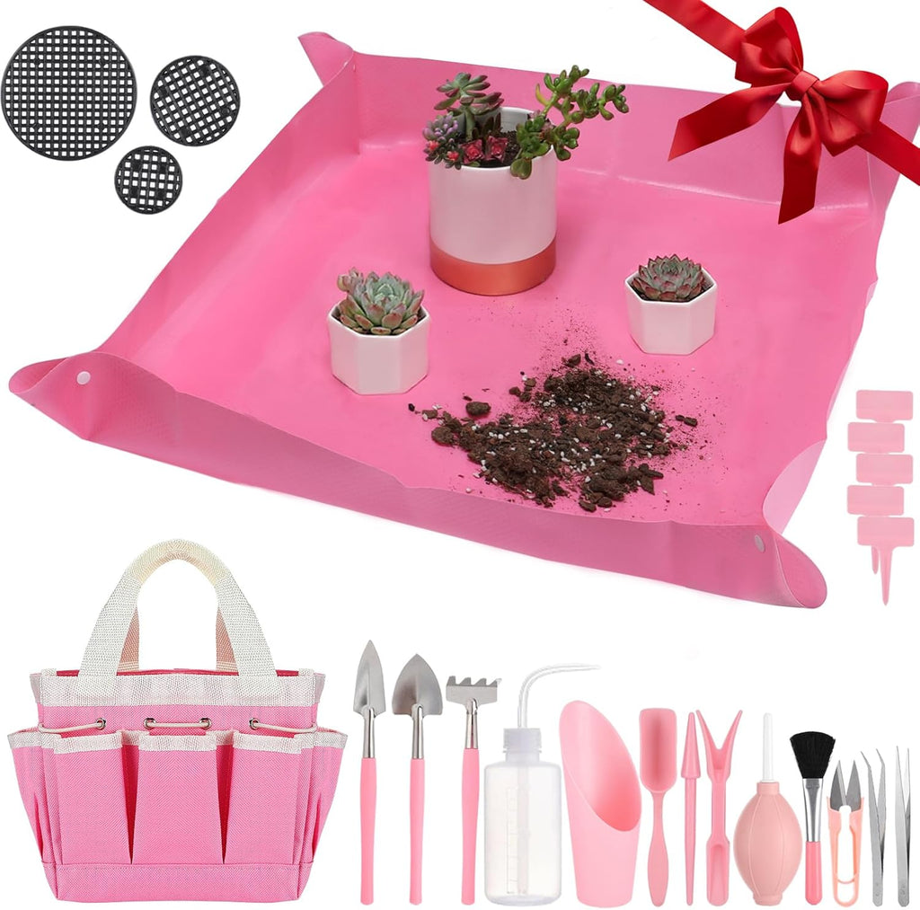 44 pcs Succulent Tool Set - 30.7in Indoor Plant Repotting Mat and 19 Pcs Mini Gardening Hand Tools Bag, Garden Plants Transplanting Supplies for Women Holiday Gardener Gifts Outdoor, Pink