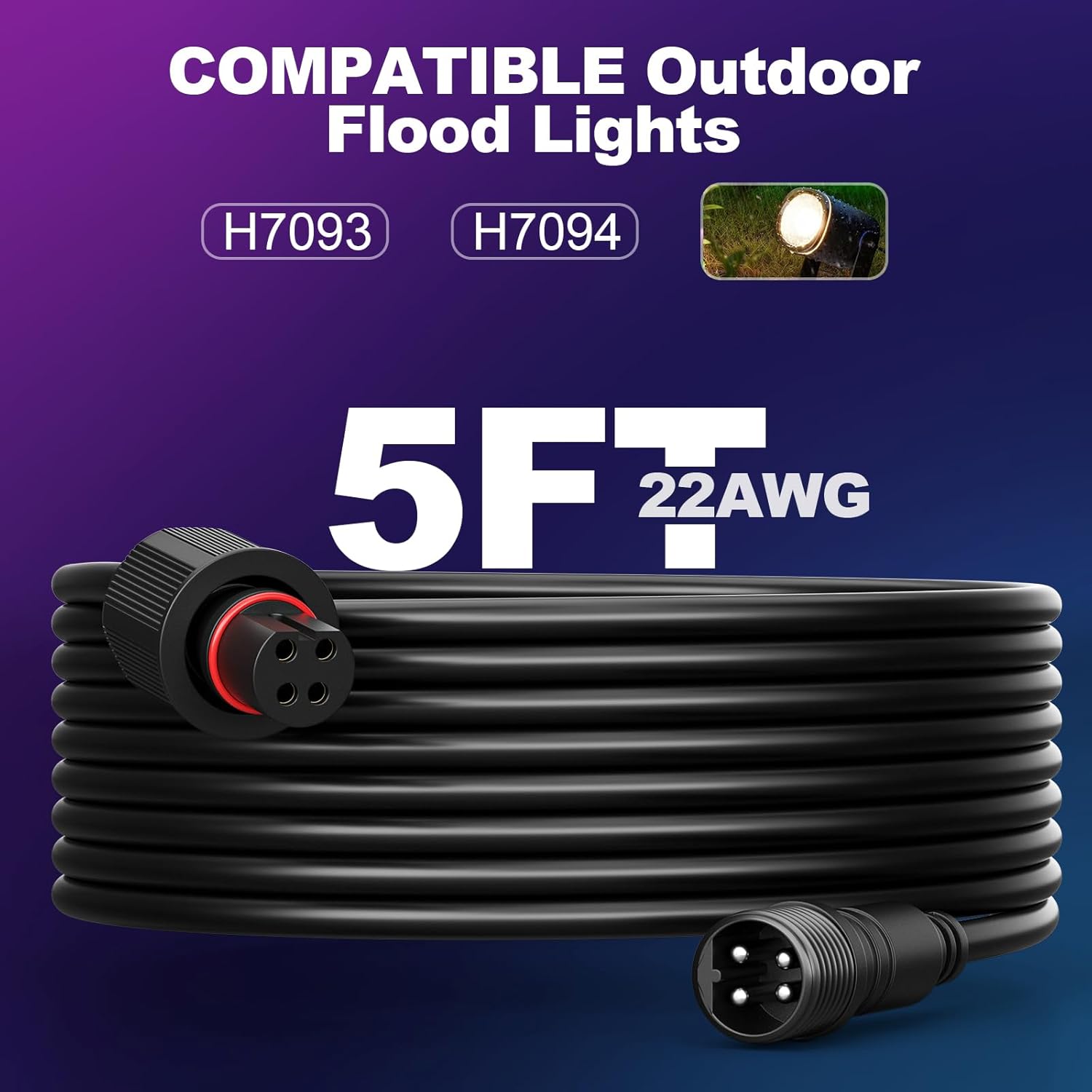 5FT Extension Cable for Go-ee Outdoor Spot Lights 2, IP68 Waterproof Extension Cord Compatible with Go*ee ‎H7093 H7094-4 Pin Plug Patio Decorations (5FT 2Pack)