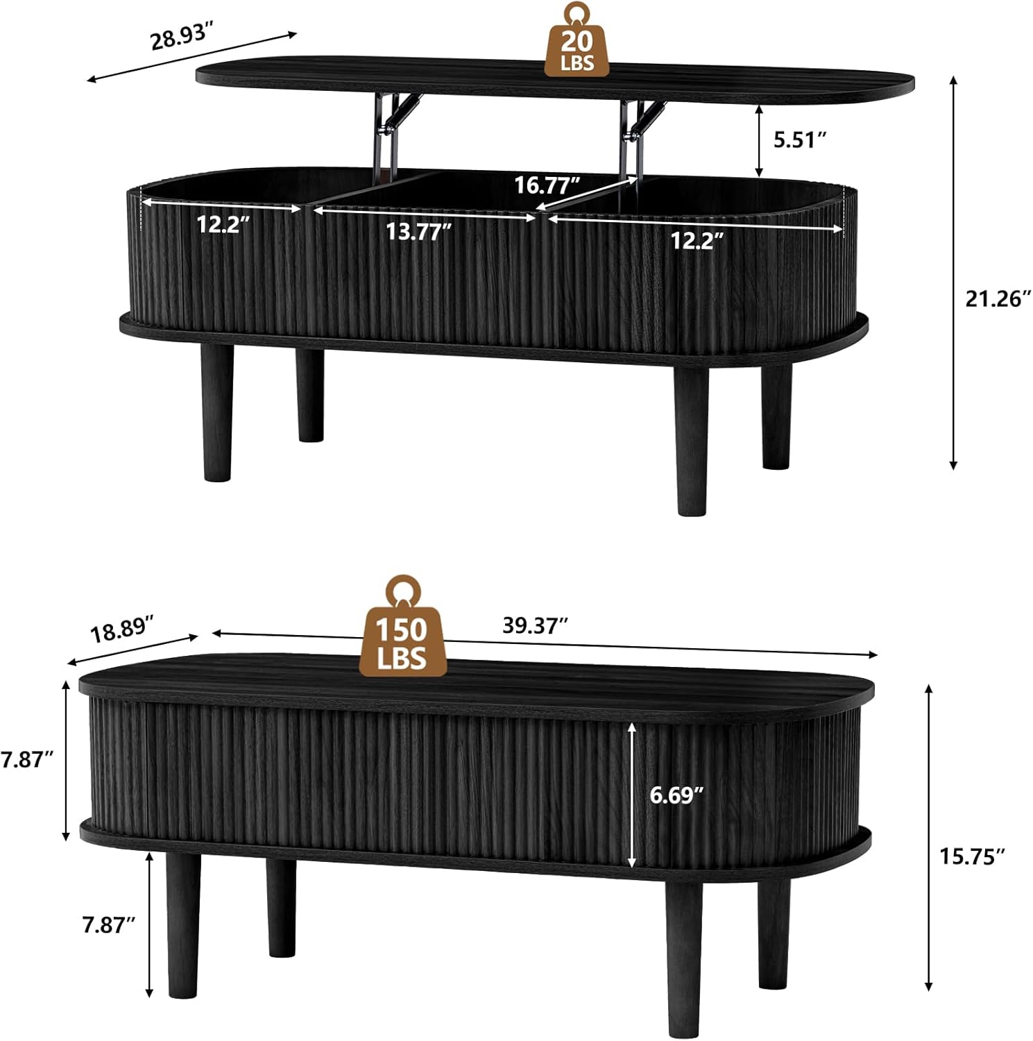 Fluted Lift Top Coffee Table with Hidden Compartment, Fully Assembled Wooden Center Table, Modern Oval Lift Tabletop for Home Living Room Office, Black