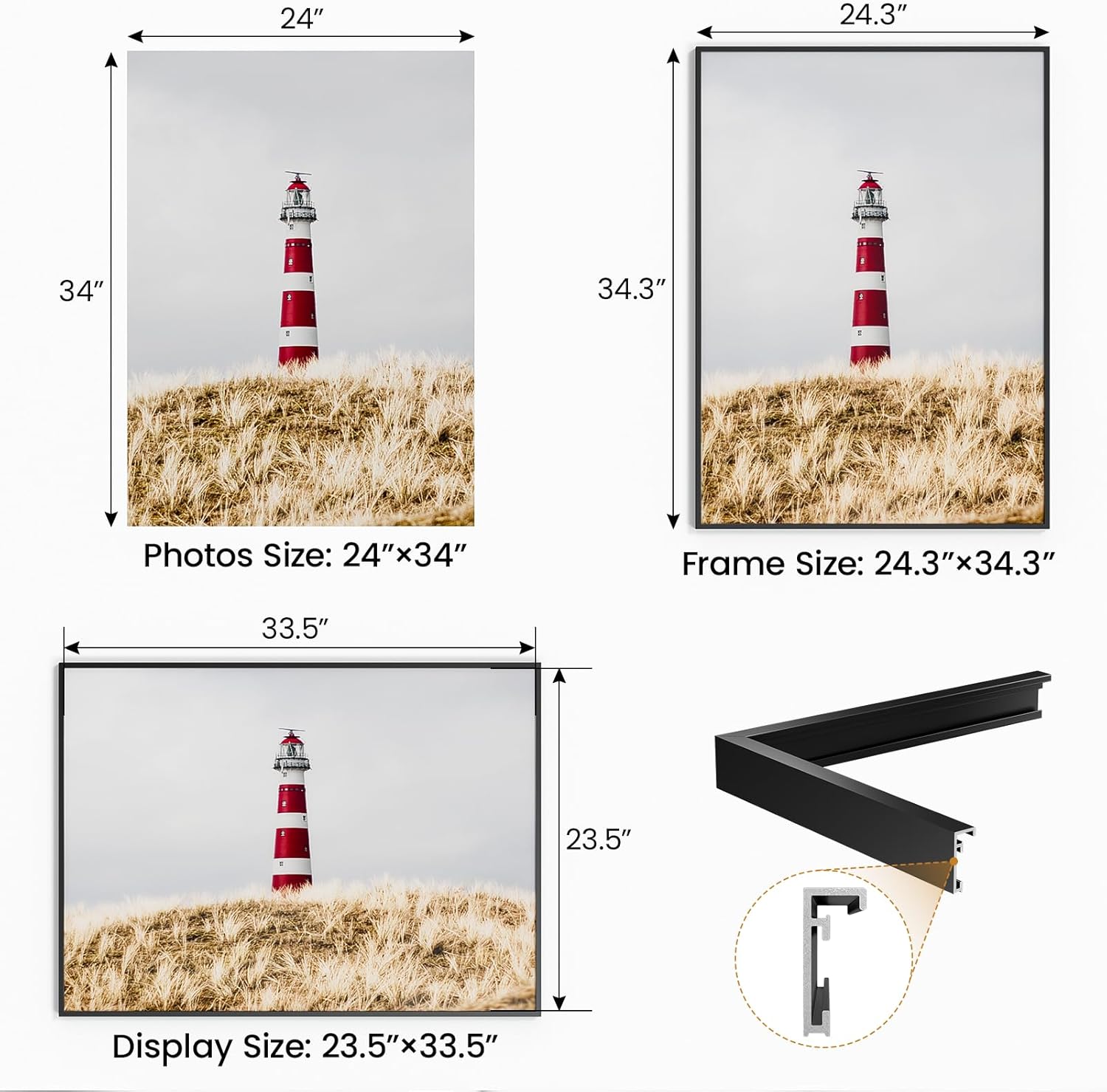 24x34 Aluminum Metal Picture Frame,Tempered Glass Black Photo Frame 24x34 for Family Photo,Posters,Art,Document to Wall Mount Horizontally or Vertically