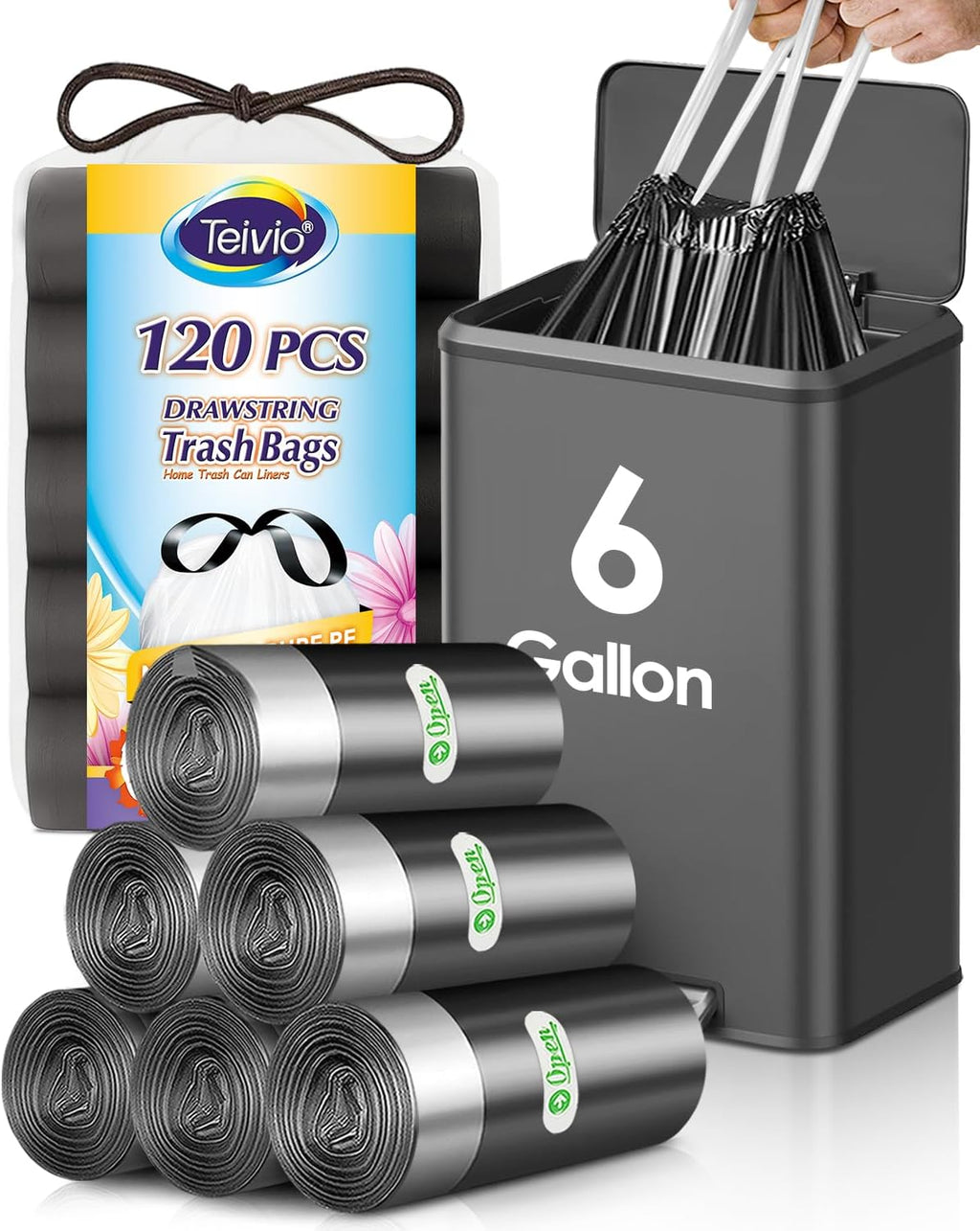 6 Gallon 120pcs Strong Drawstring Trash Bags Garbage Bags by Teivio, Bathroom Trash Can Bin Liners, Plastic Bags for home office kitchen, Black