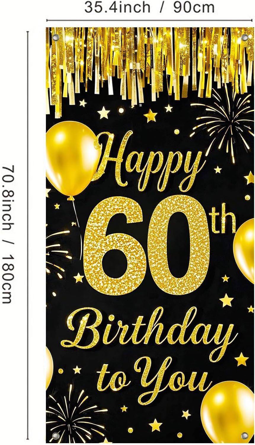 IVN 60th Birthday Door Cover 71x35 Inch Black Gold Birthday Banner for Party Decorations Balloons Stars Fireworks Backdrop Sign for Men Women Photo Booth Prop Wall Decor