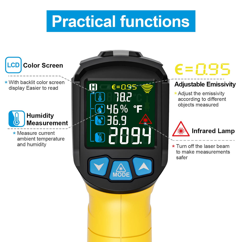 MESTEK Infrared Thermometer Gun, Non-Contact Digital Laser Thermometer Temperature Gun with Probe for Cooking, Home Repairs, IR Temp Gun with Humidity Sensor, Adjustable Emissivity -58°F to 1472°F