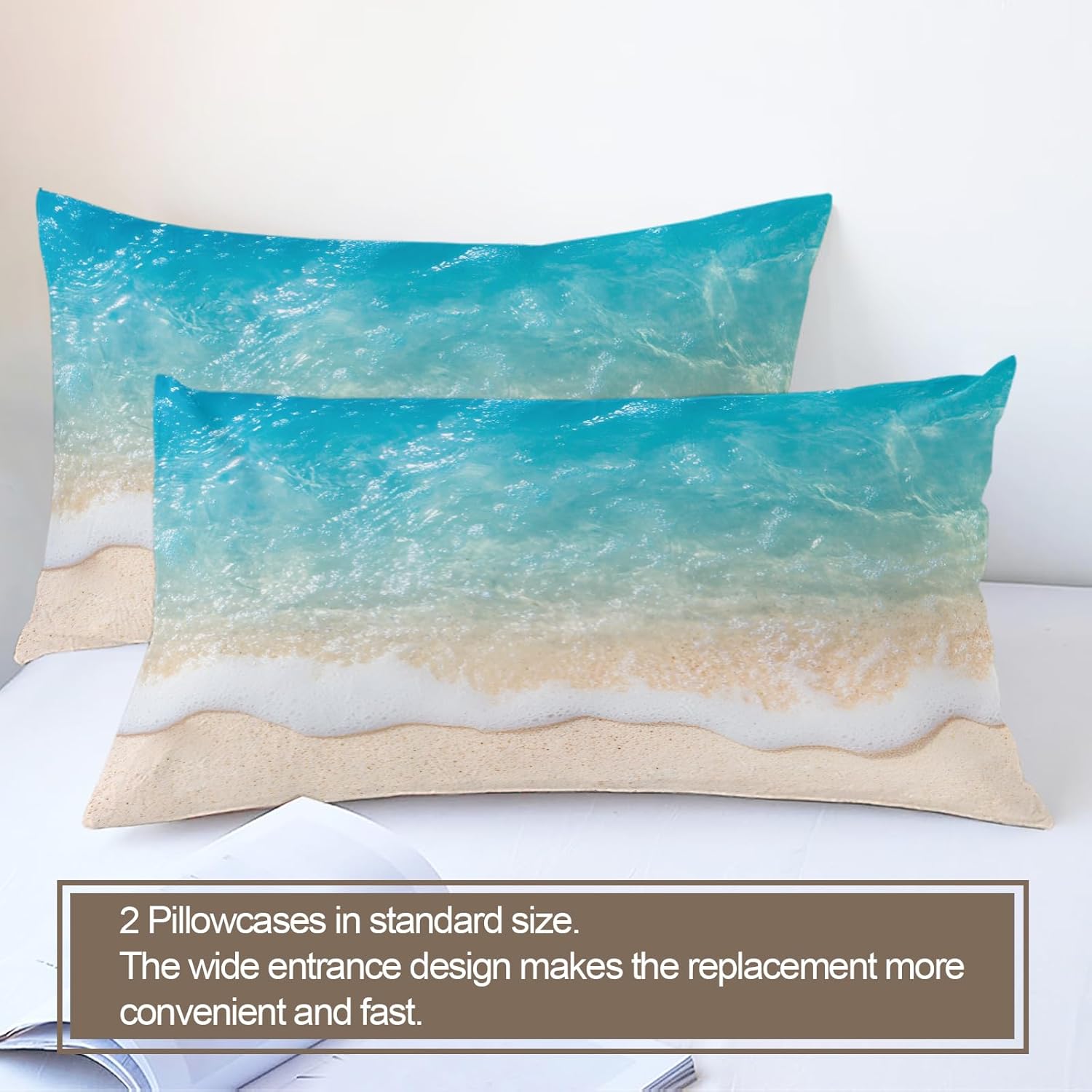 Sea Waves Duvet Cover Oversized King, Ocean Beach Waves Splash Bedding Set 3 Piece Bedroom Decor Coastal Sandy Comforter Cover with Zipper Ties & 2 Pillowcases