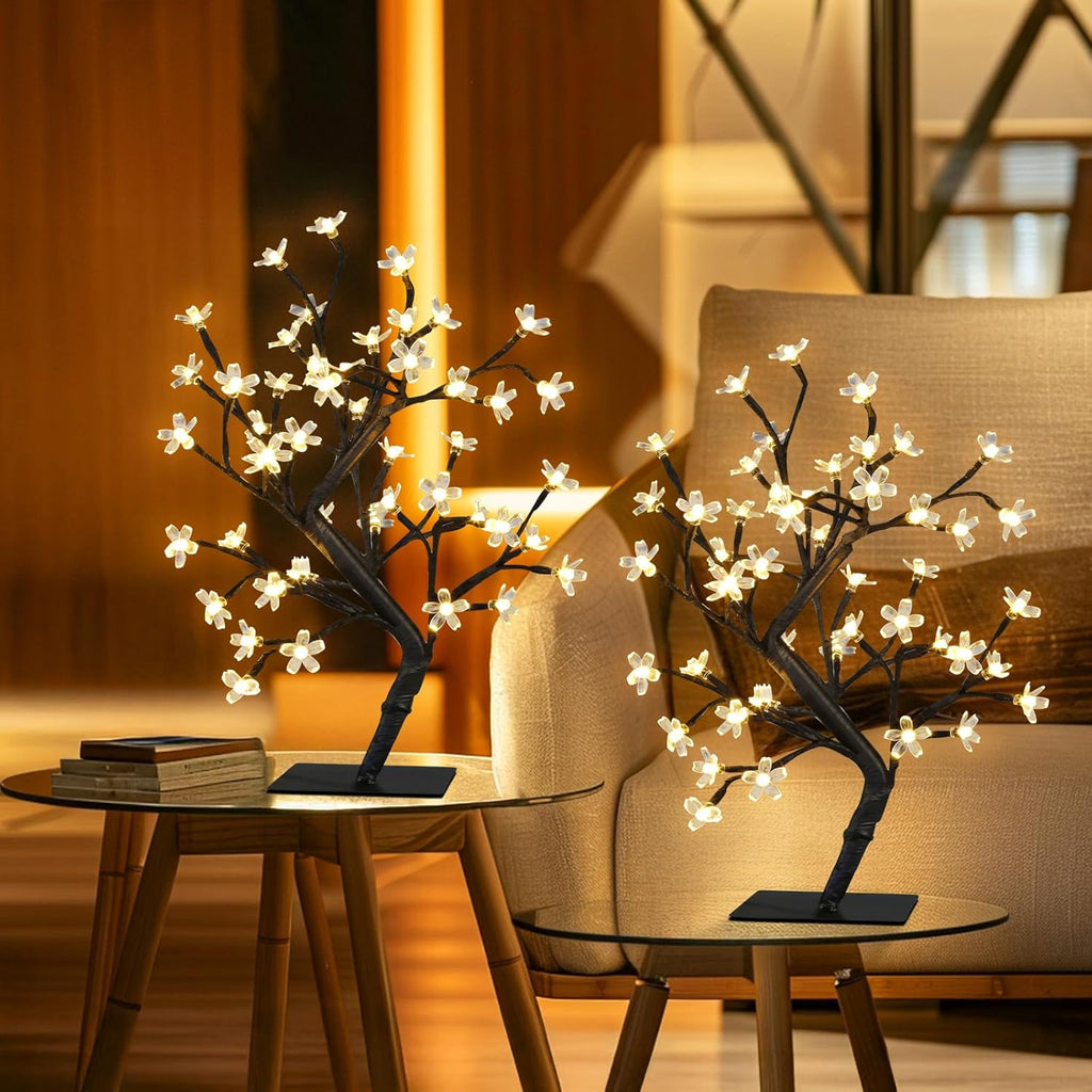 PEIDUO Set of 2 Lighted Cherry Blossom Tree, Light up Bonsai Tree for Christmas Decorations, Warm White Lights Plug in Adapter, Tabletop Night Light Artificial Tree for Indoor Bedroom Living Room