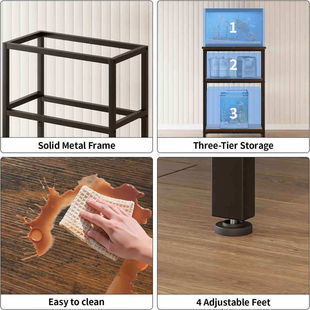 APPLOYN 5-10 Gallon Fish Tank Stand, Aquarium Stand with 3-Tier Storage Shelf, Heavy Duty Metal Frame for Turtle Reptile Terrarium Tank Stand, for Living Room, 20.5" L x 11.4" W x29.2" H, Vintage Brown