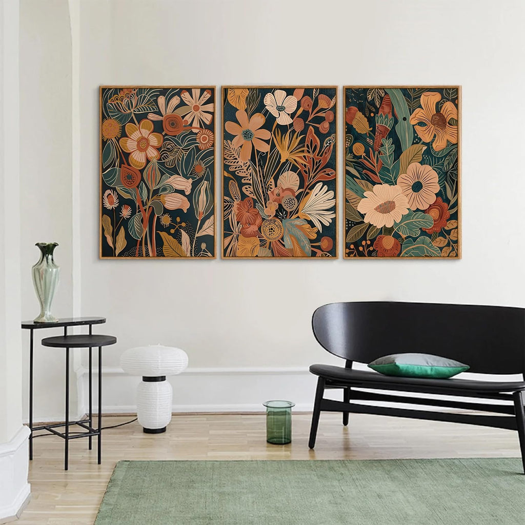 Tinonedraw Burnt Orange Floral Framed Canvas Wall Art Set of 3, Boho Chic Flower Artwork, Mid Century Modern Wall Decor, Colorful Neutral Botanical Art Prints for Bedroom Living Room Office 24"x36"