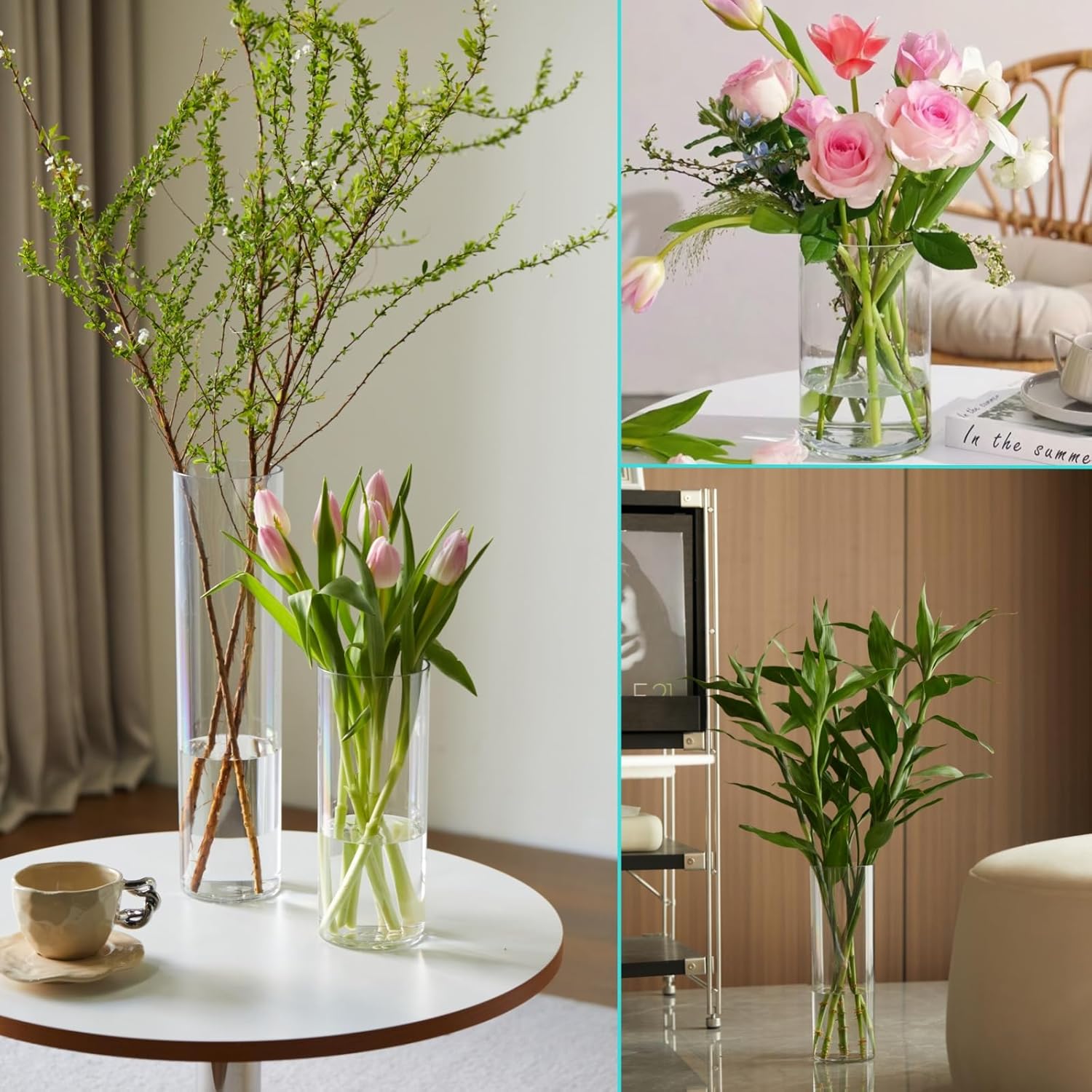 3 Pcs Acrylic Clear Cylinder Flower Vase for Plants Bouquet, Unbreakable Hurricane Tall Large Plastic Vases for Wedding Centerpieces, Hydroponic Decor Base Set of 3 (H 8" + H 10" + H 12" No Flowers)