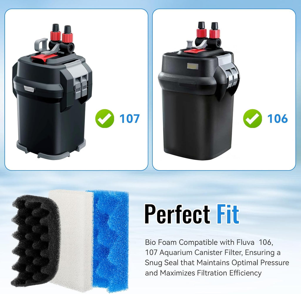 106/107 Bio Foam Replacement Aquarium Filter Media Kit Compatible with Fluval 106/107 Canister Filters, Bio Foam Sponge Set - 4 White, 4 Blue & 2 Black Foam for Biological and Mechanical Filtration