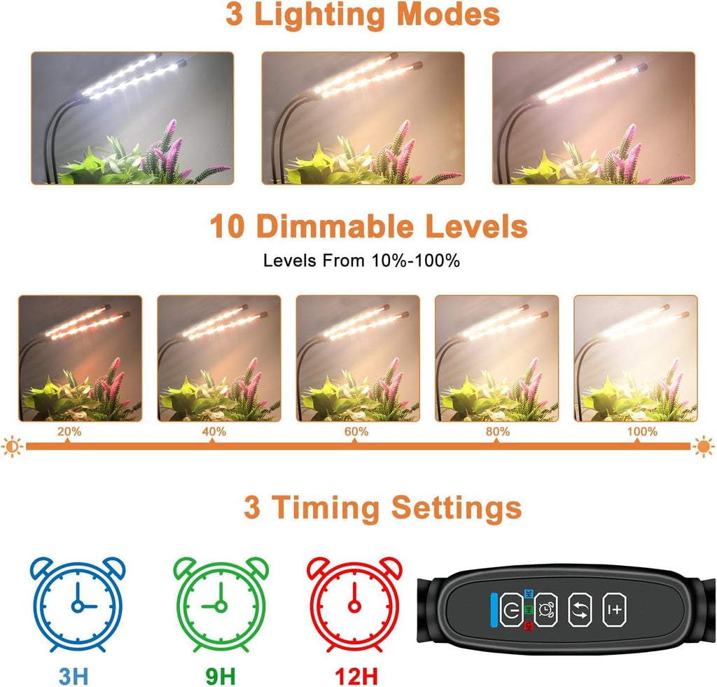 Full Spectrum Dual Heads Clip Grow Lights for Indoor Plants with 3/9/12H Timer Dimmer and 10 feet Cables for Plant Growing(Adapter Included)