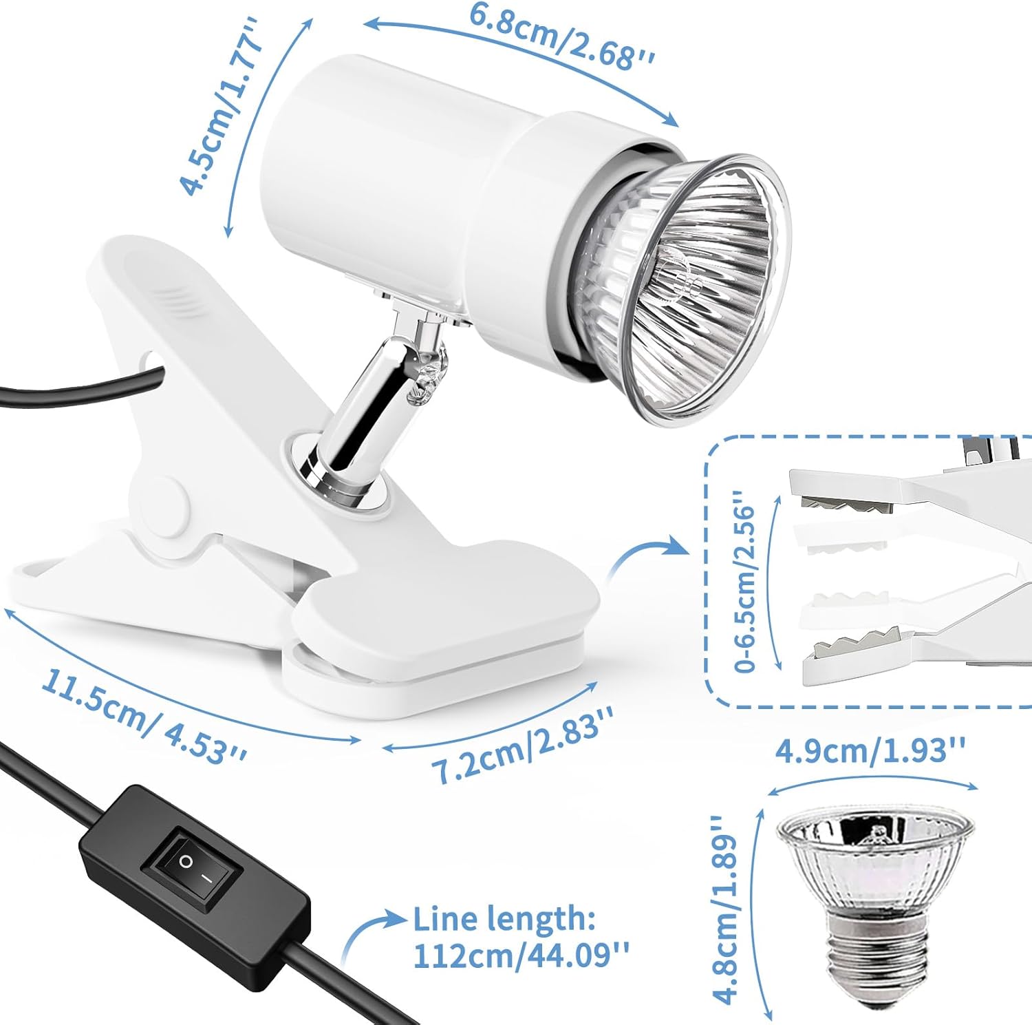 Rotatable Reptile Heat Lamp, UVA/UVB Light Lamp with 2pcs (25W + 35W) Basking Bulbs for Replacement, for Turtle, Lizard, Snake, Reptiles, Bearded Dragon (White)