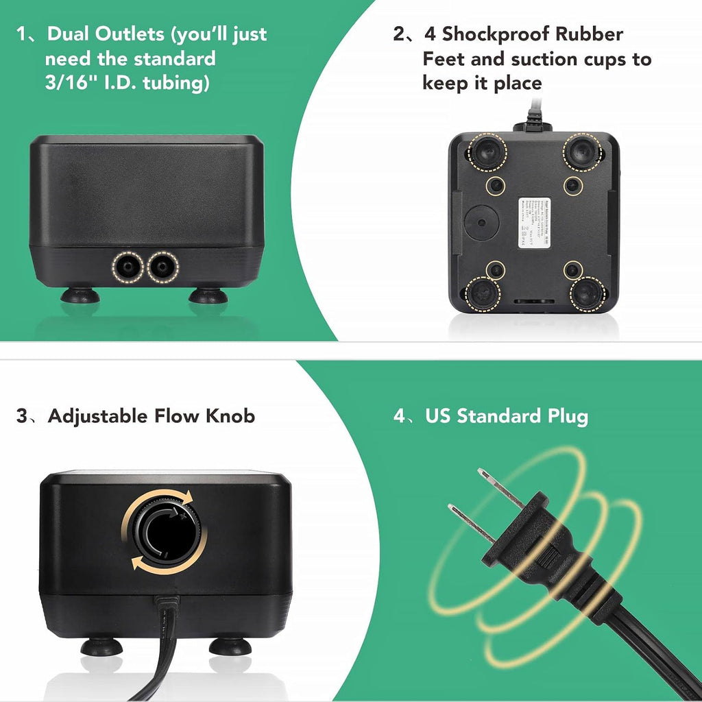 hygger Adjustable 5W 10W Aquarium Air Pump with 2 Ports for 20-600 Gallon Fish Tank 160 GPH 250 GPH Aquatic Aerator Oxygen Pump