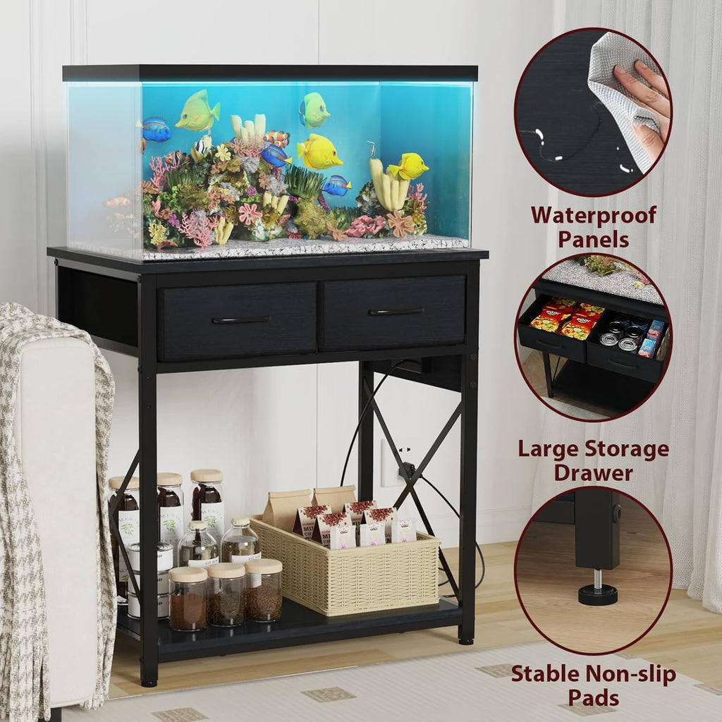 TFK 20-29-37 Gallon Fish Tank Stand with Power Outlet, Heavy Duty Metal Aquarium Stand with Two Storage Drawers for Fish Tank Accessories Storage, Perfect for Turtle Tank, Reptile Terrarium, Black