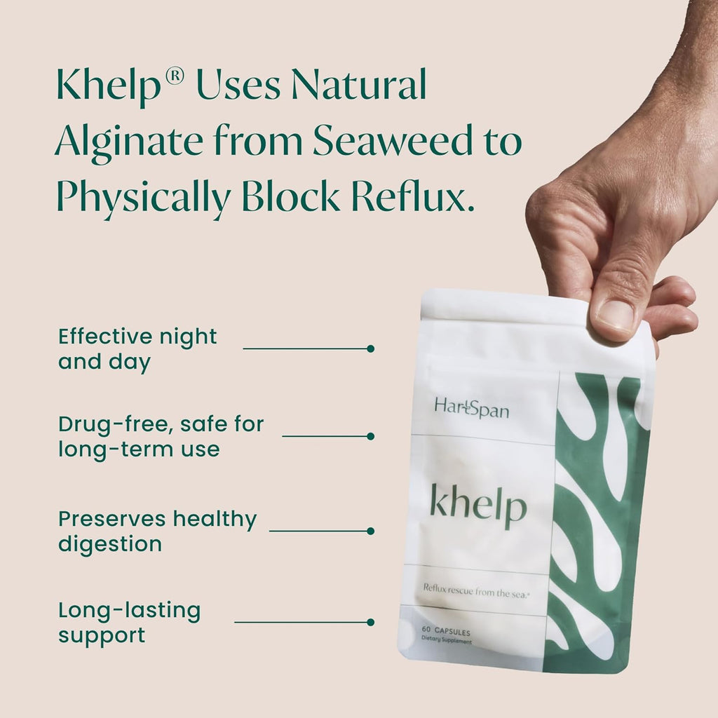 Khelp All-Natural Reflux Support – Premium Alginate Supplement | GERD, Heartburn, LPR & Acid Reflux | Drug-Free, Designed for Daily Use | No Dyes or Flavors | 60 Vegan Capsules