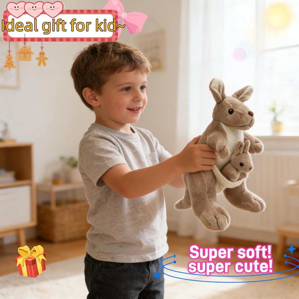 9.84" Kangaroo Plush Toy with Baby Joey, Cute Stuffed Animal Doll, Soft Cuddly Kangaroo Mom and Baby, Perfect Birthday for Kids, Friends, Home Decoration