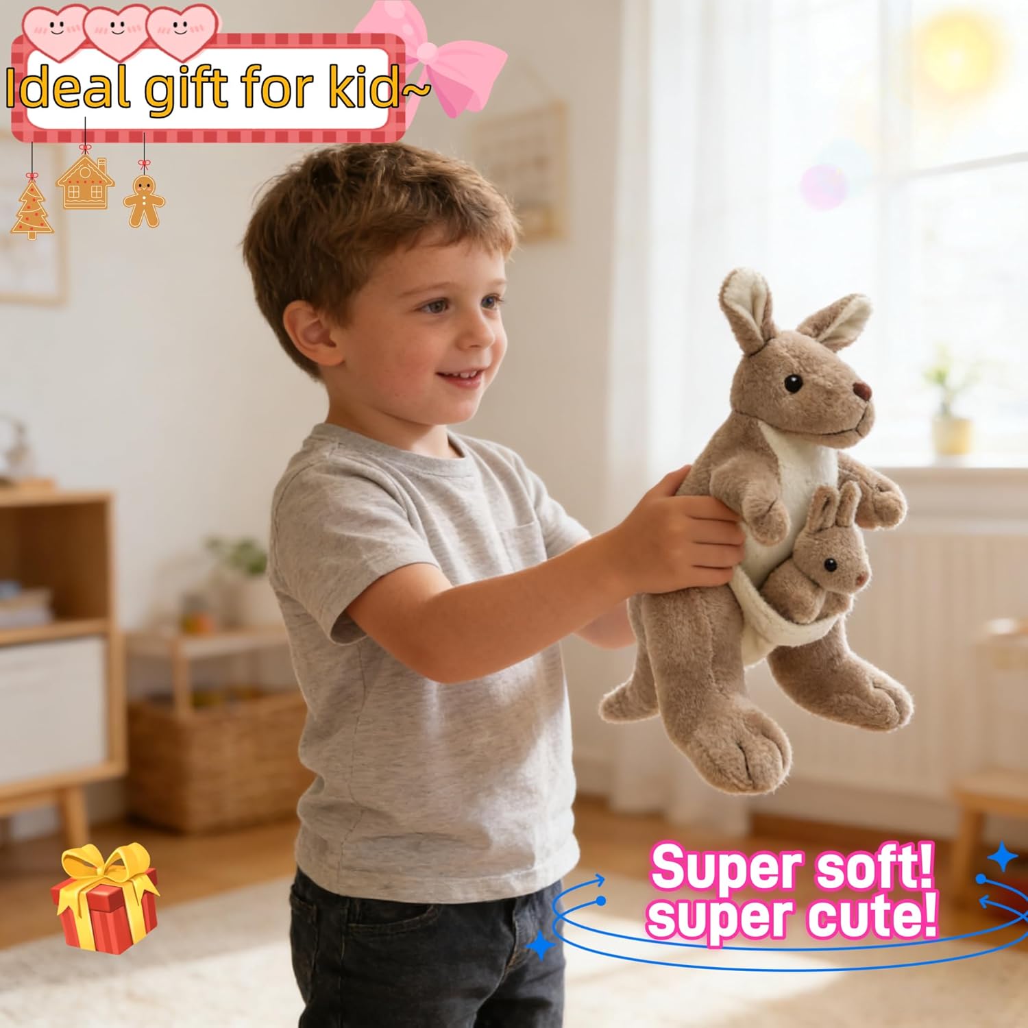 9.84" Kangaroo Plush Toy with Baby Joey, Cute Stuffed Animal Doll, Soft Cuddly Kangaroo Mom and Baby, Perfect Birthday for Kids, Friends, Home Decoration