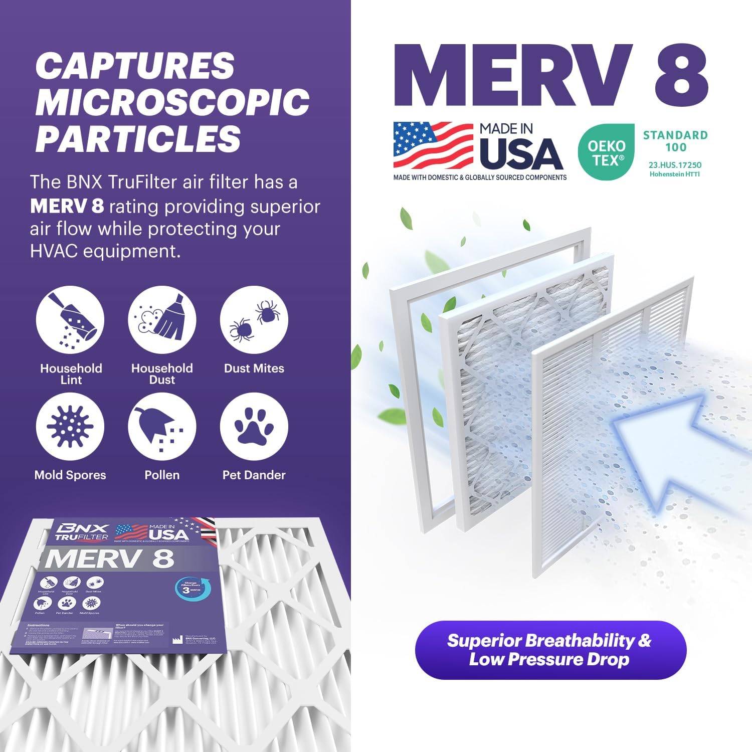 BNX TruFilter 16x20x2 Air Filter MERV 8 (4-Pack) - MADE IN USA – Dust & Pet Defense Electrostatic Pleated Air Conditioner HVAC AC Furnace Filters for Dust, Pet, Mold, Pollen MPR 600 – 700 & FPR 5