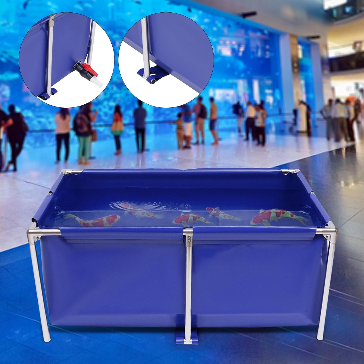 Canvas Fish Pond Blue Cube Canvas Pond Fish Show Tank with Stainless Steel Tubes Collapsible Storage Tank, Ornamental Aquarium Swimming Pool with Drain Blue Aquarium Pool