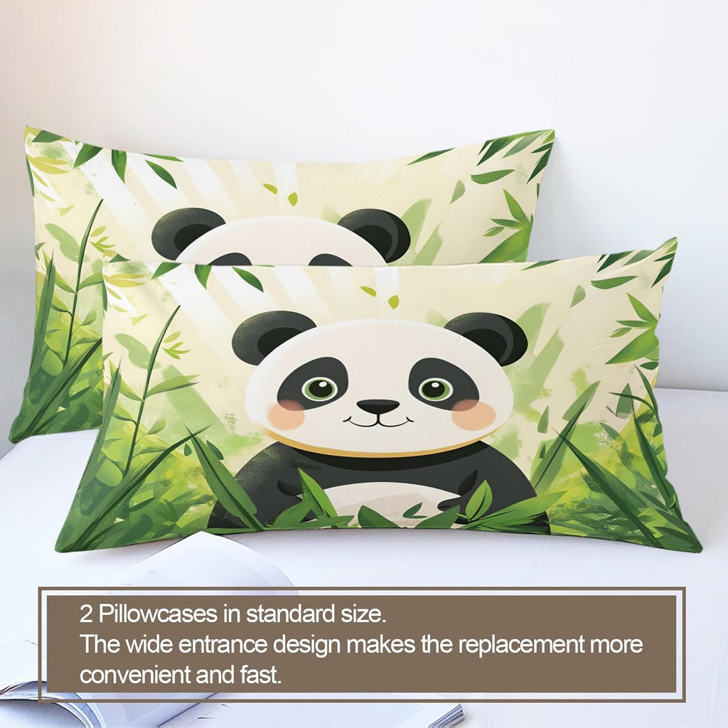 Cute Panda Duvet Cover King Size, Watercolor Green Bamboo Bedding Set 3 Piece Bedroom Decor Cartoon Panda Comforter Cover with Zipper Ties & 2 Pillowcases