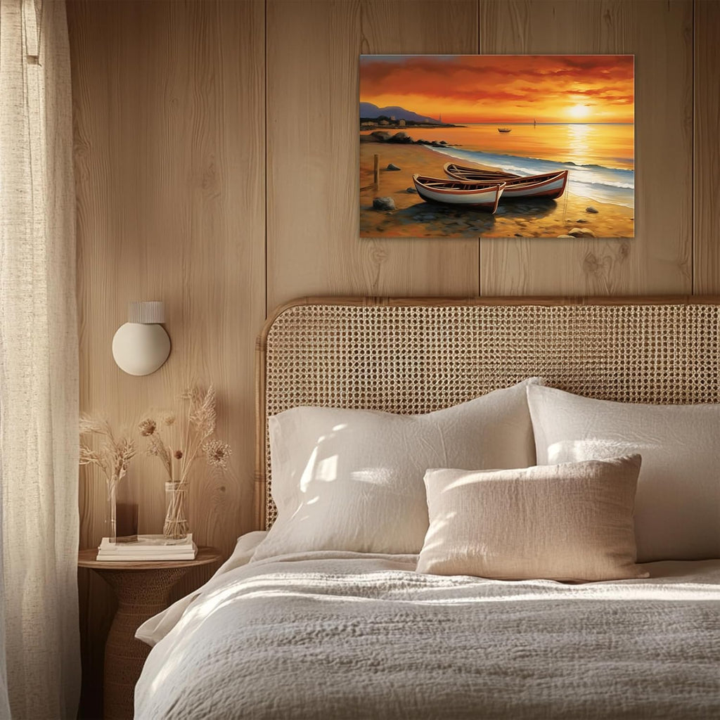 GLOKAKA Coastal Wall Art Ocean Beach Boat Canvas Print Sunset Seascape Pictures Ocean Landscape Painting Nature Artwork for Bathroom Living Room Bedroom Office Home Decor