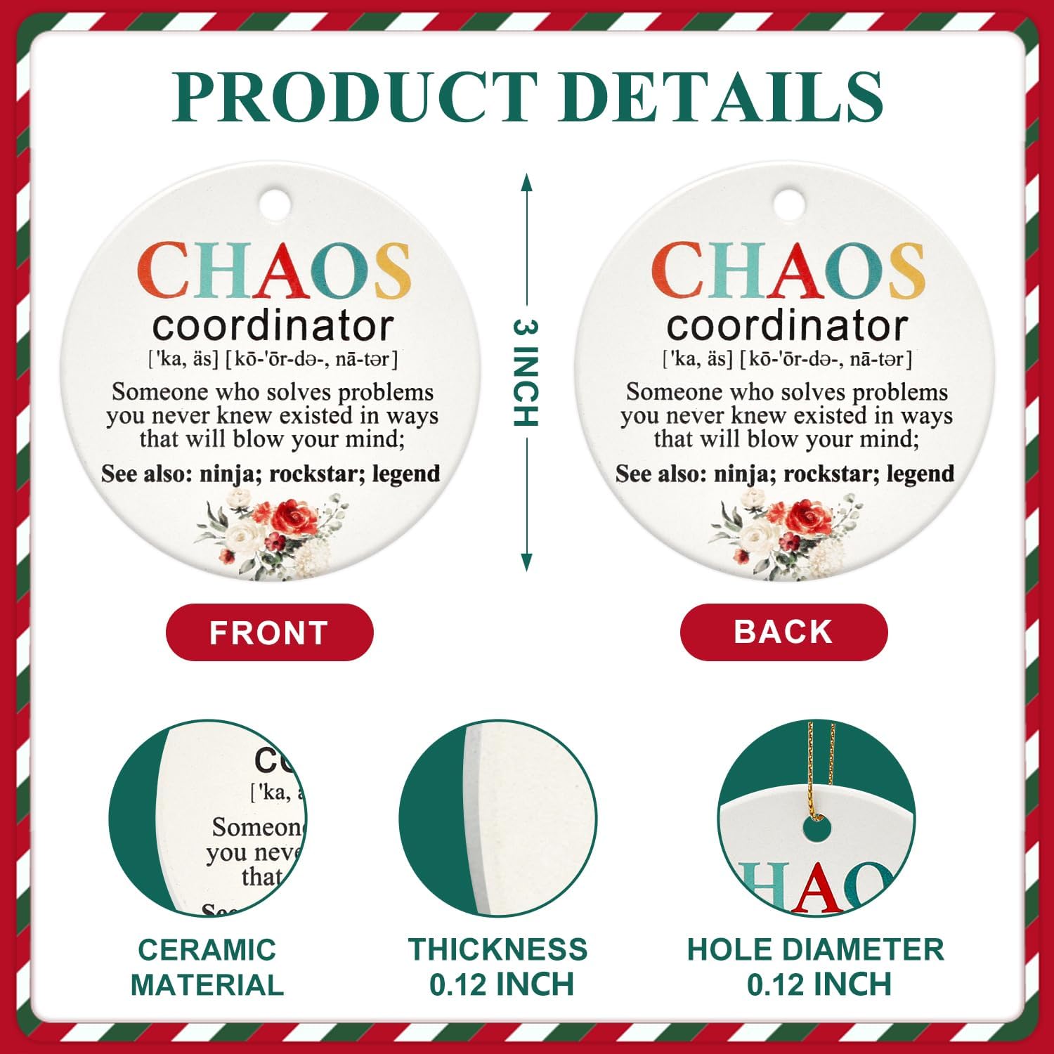 Chaos Coordinator Christmas Ornament Ceramic Mini Xmas Tree Decorations Thank You Gift for Women Coworker Manager Lady Boss Appreciation Inspiration Gift Office Cute Christmas Decorative Ornament