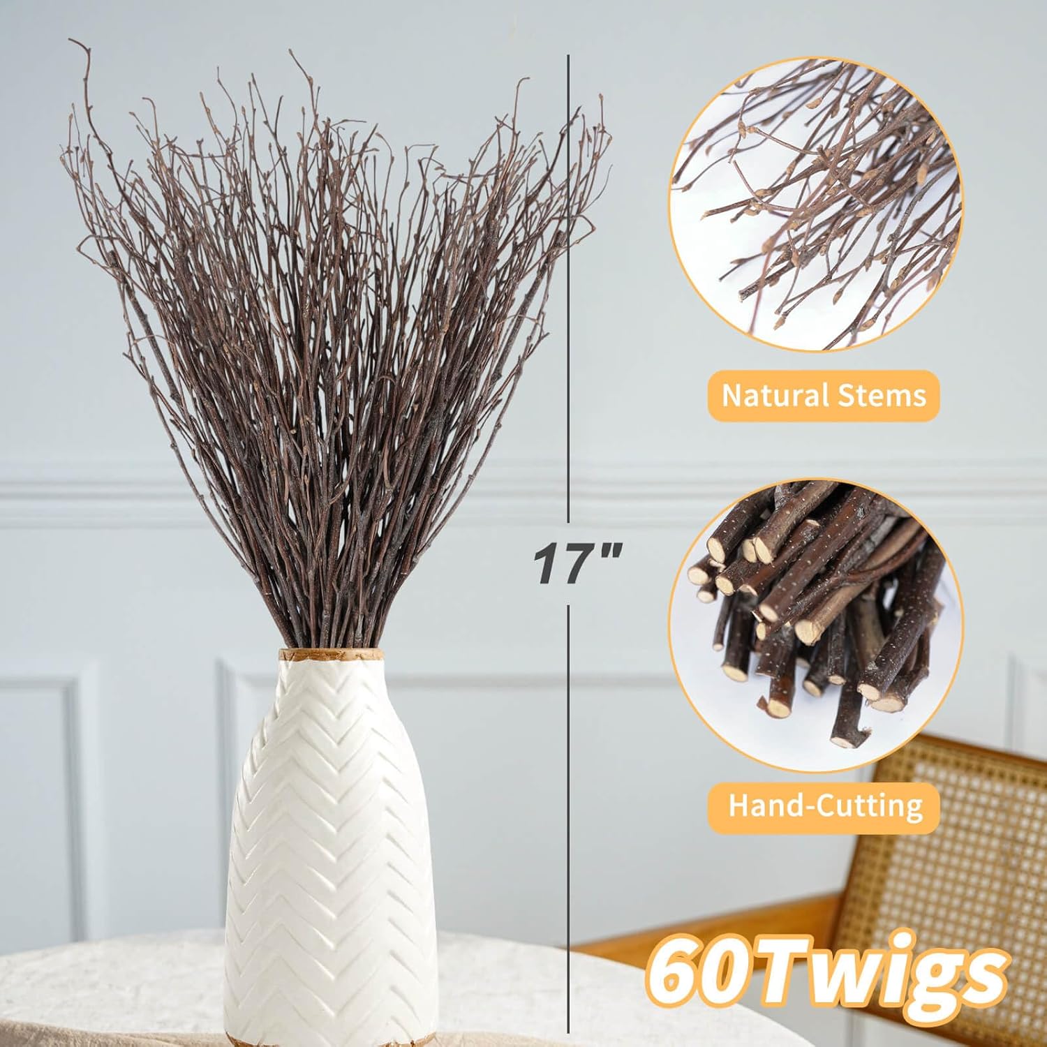 60Pcs Real Dried Birch Twigs Branches - 17” Natural Decorative Birch Branches for Easter Vases, Birch Sticks for DIY, Centerpiece, Floral Arrangment, Twig Wreath, Rustic Home Decor
