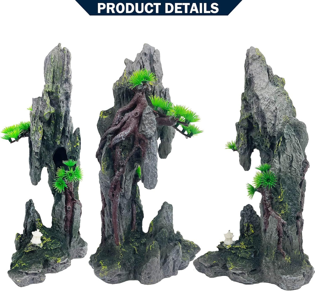 Tall Aquarium Mountain View Stone Decorations Aquarium Ornament Rock Cave Landscape Artificial Mountain Hill View Fish Tank Caves for Betta Hiding Reptile Aquarium Supply