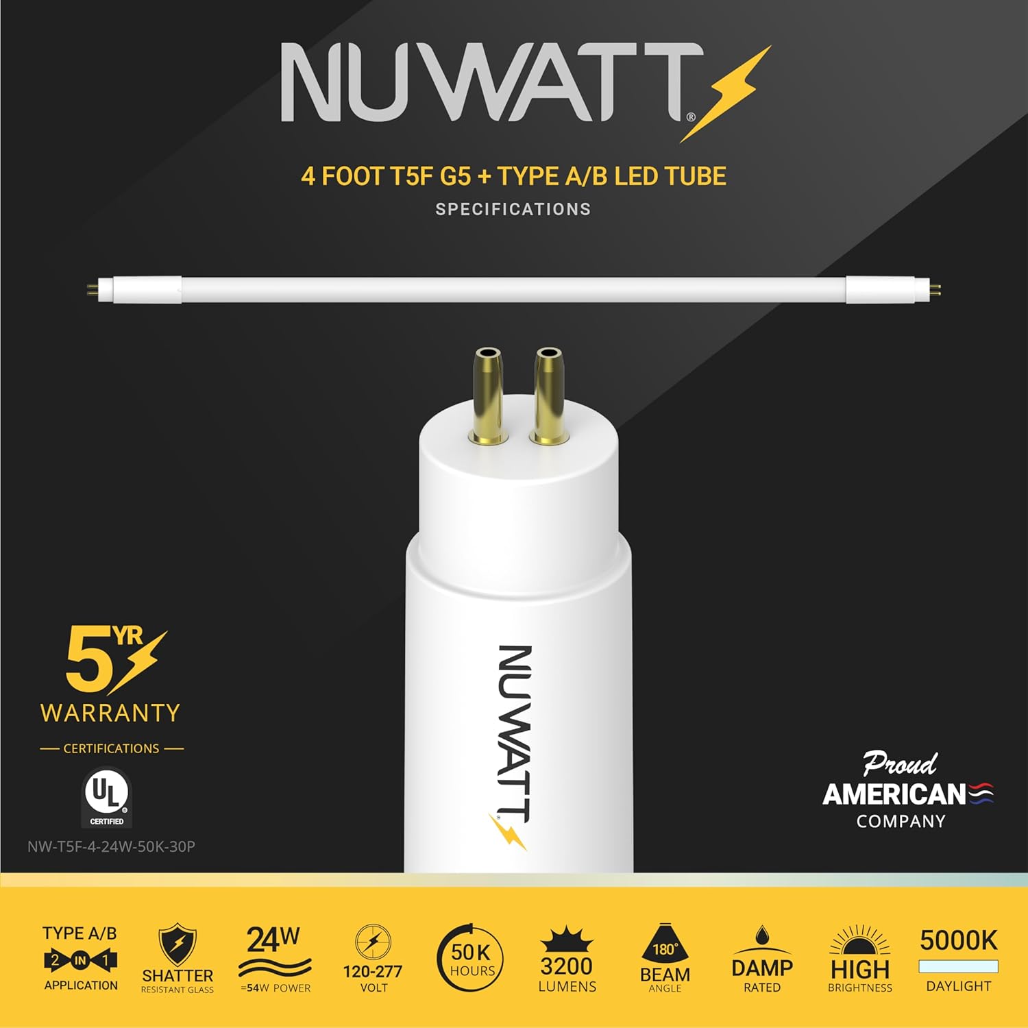 NUWATT 30 Pack, 4FT T5 LED Tube Lights Type A+B, Hybrid T5 LED Bulbs 5000K Daylight, High Brightness 3200LM 24W, Plug & Play or Ballast Bypass, Dual Ended Power, T5 Replacement for Fluorescent, UL, G5