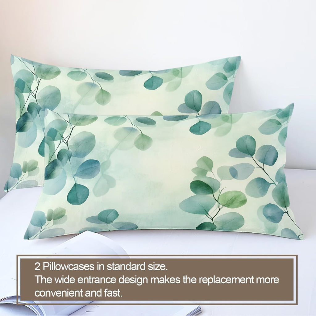 Eucalyptus Leaf Duvet Cover California King, Teal Gradient Leaf Bedding Set 3 Piece Bedroom Decor Green Watercolor Comforter Cover with Zipper Ties & 2 Pillowcases