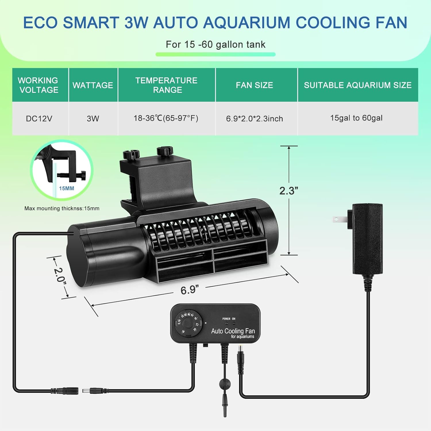 Aquarium Chillers Aquarium Cooling Fan, DC12V Auto Fish Tank Cooling Fan with Adjust knob,Cross-Flow Fan with Broad Airflow (3W)