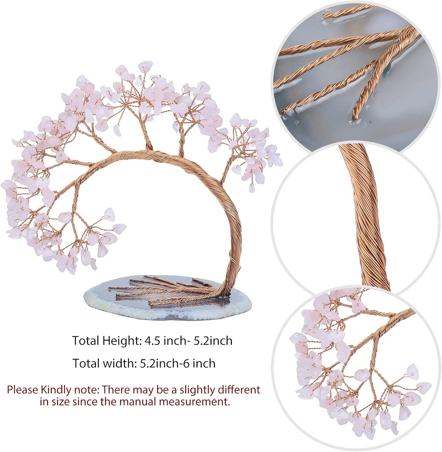 mookaitedecor Natural Rose Quartz Crystal Money Tree Agate Slice Base Feng Shui Bonsai Crystal Tree for Wealth Luck Desk Decor, 4.5-5.2 Inch High