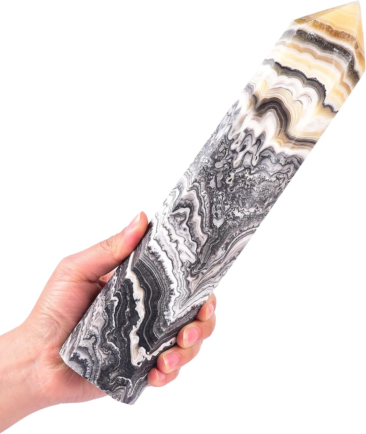 JIC Gem Large Black and Yellow Calcite Crystal Obelisk Tower Natural Healing Crystal Point Wand 6 Faceted Reiki Decor Crystal Gift 2.6-3.0 Lbs