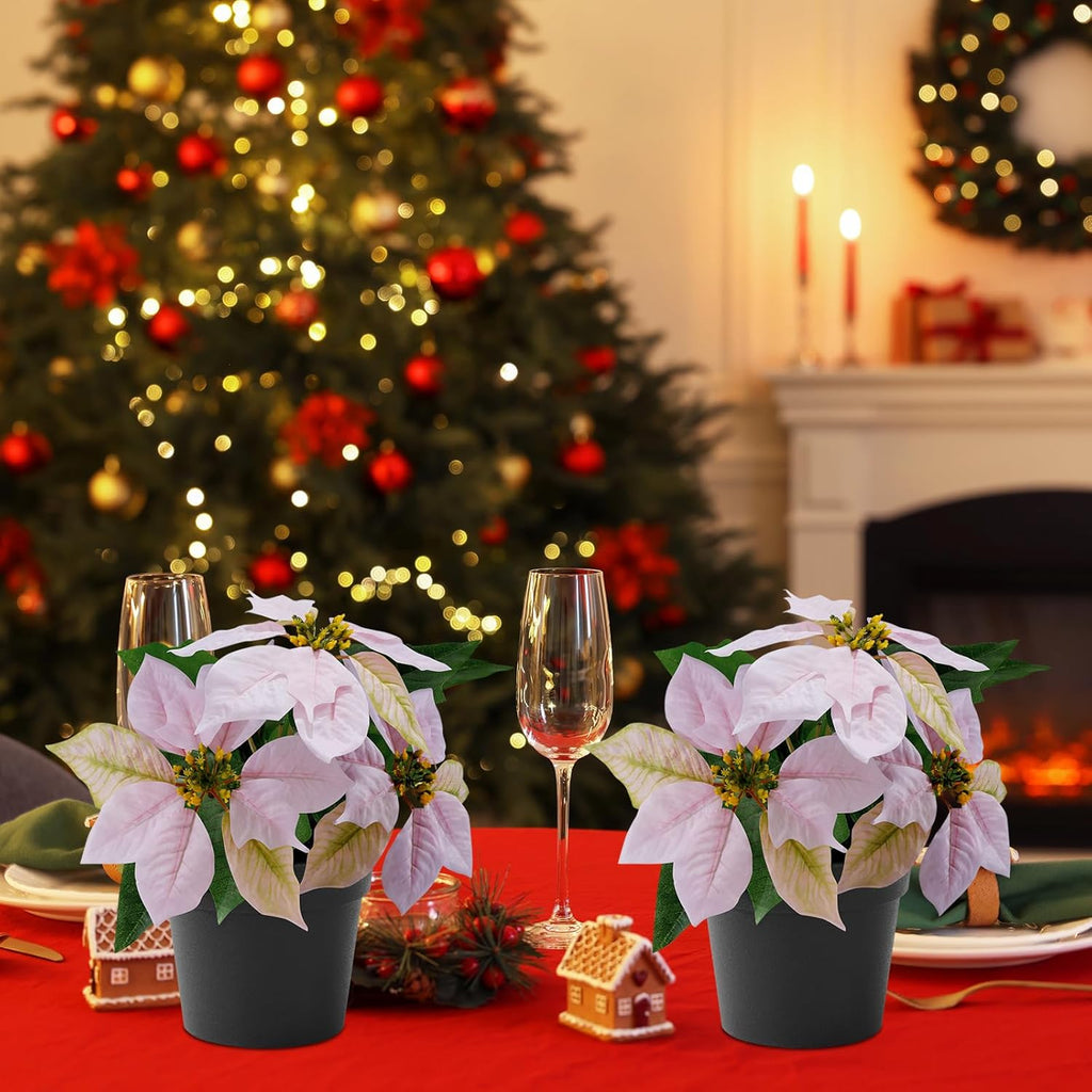 2 Pack Poinsettias Artificial Christmas Flowers Small Pink Poinsettia Plant Artificial 9 Inch Faux Winter Flowers for Porch Home Garden Decorations Indoor Outdoor Xmas Ornament