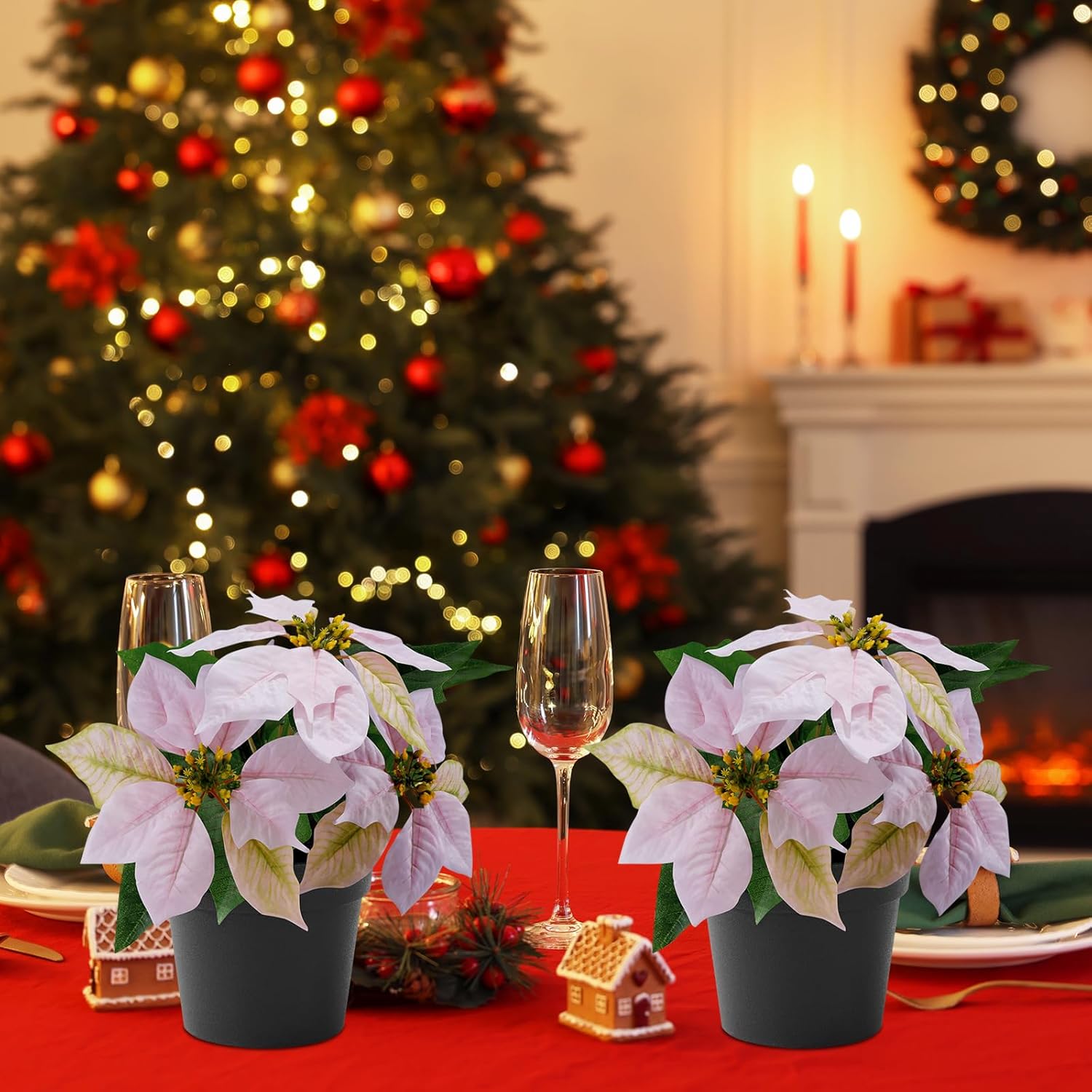 2 Pack Poinsettias Artificial Christmas Flowers Small Pink Poinsettia Plant Artificial 9 Inch Faux Winter Flowers for Porch Home Garden Decorations Indoor Outdoor Xmas Ornament