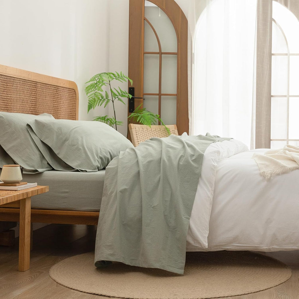 BESTOUCH Sheet Set 100% Washed Cotton Linen Feel Super Soft Comfortable Chic Lightweight 4 Pcs Home Bedding Set Solid Sage Green Cal King
