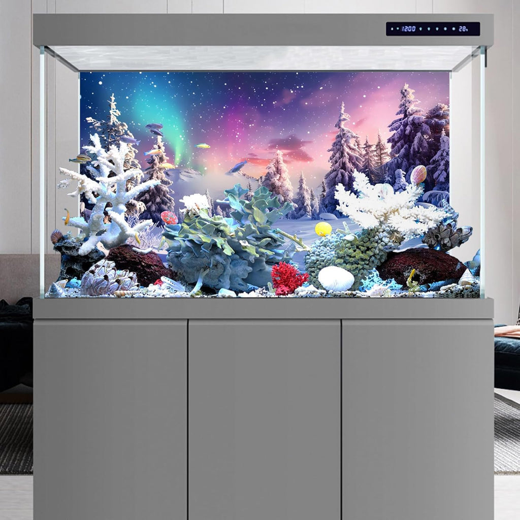 YongFoto Fish Tank Background 72x24 Inch Winter Snow Scene Aquarium Snowfield Pine Forest Rime Starry Sky Aurora Backdrop Reptile Terrarium Bearded Dragon Habitat