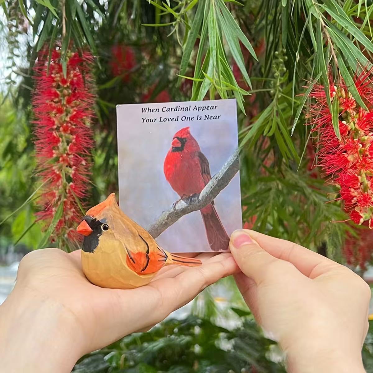 Handmade Wooden Northern Cardinal Figurines Set, Hand-Painted Female Cardinal Birds, Decorative Wood Bird Sculptures for Home Décor,Christmas Ornaments & Unique Gift for Bird Lovers
