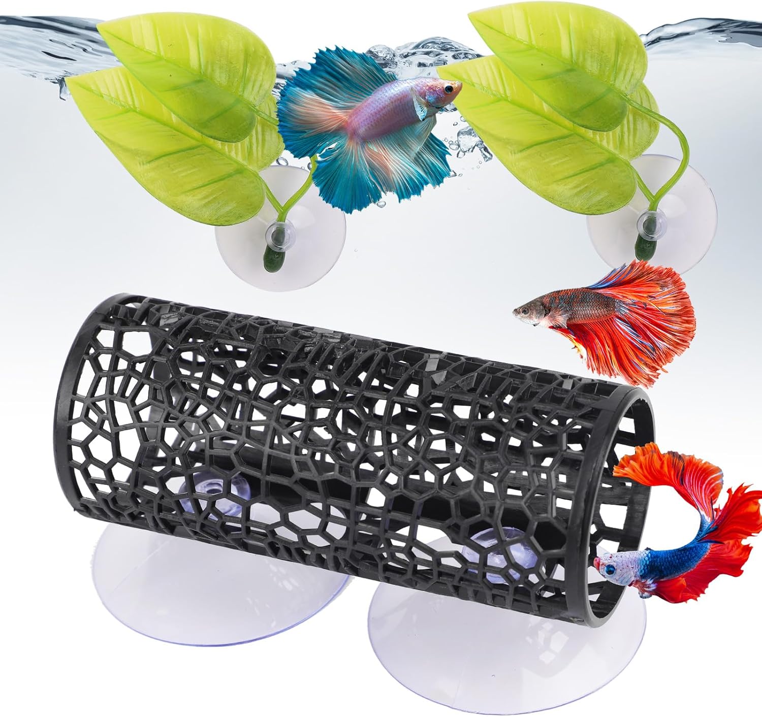 3 Pcs Betta Fish Hammock, Betta Fish Tunnel with Suction Cups and Plastic Plants Leaf for Aquarium Tank