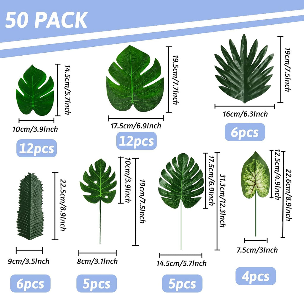 50 Pieces 7 Kinds Tropical Party Decorations Jungle Monstera Leaves Safari Leaves, Artificial Palm Leaves with Faux Stem for Hawaiian Luau Party Jungle Beach Table Leave Decorations