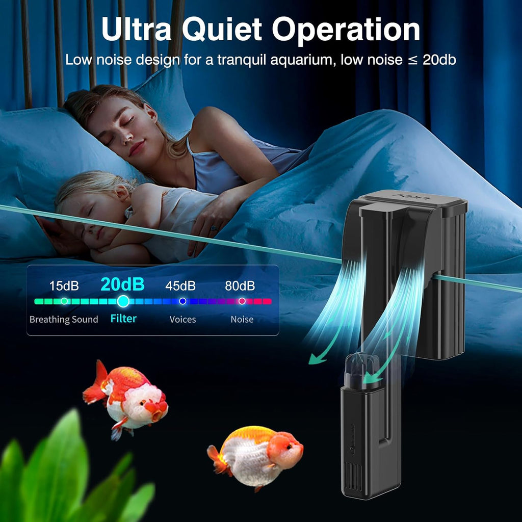 Hang On Back Aquarium Filter Up 10 Gallons Fish Tanks, 2-Stage Multi-Stage Filtration with Surface Skimmer, Ultra Quiet HOB Power Waterfall Filter for Freshwater