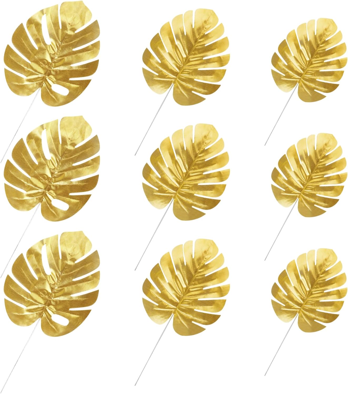 CCINEE 24PCS Golden Artificial Palm Leaves, 3 Sizes Faux Monstera Leaves Simulation Safari Leaves with Stems for Home Hawaiian Luau Party Jungle Beach Theme Party Decoration