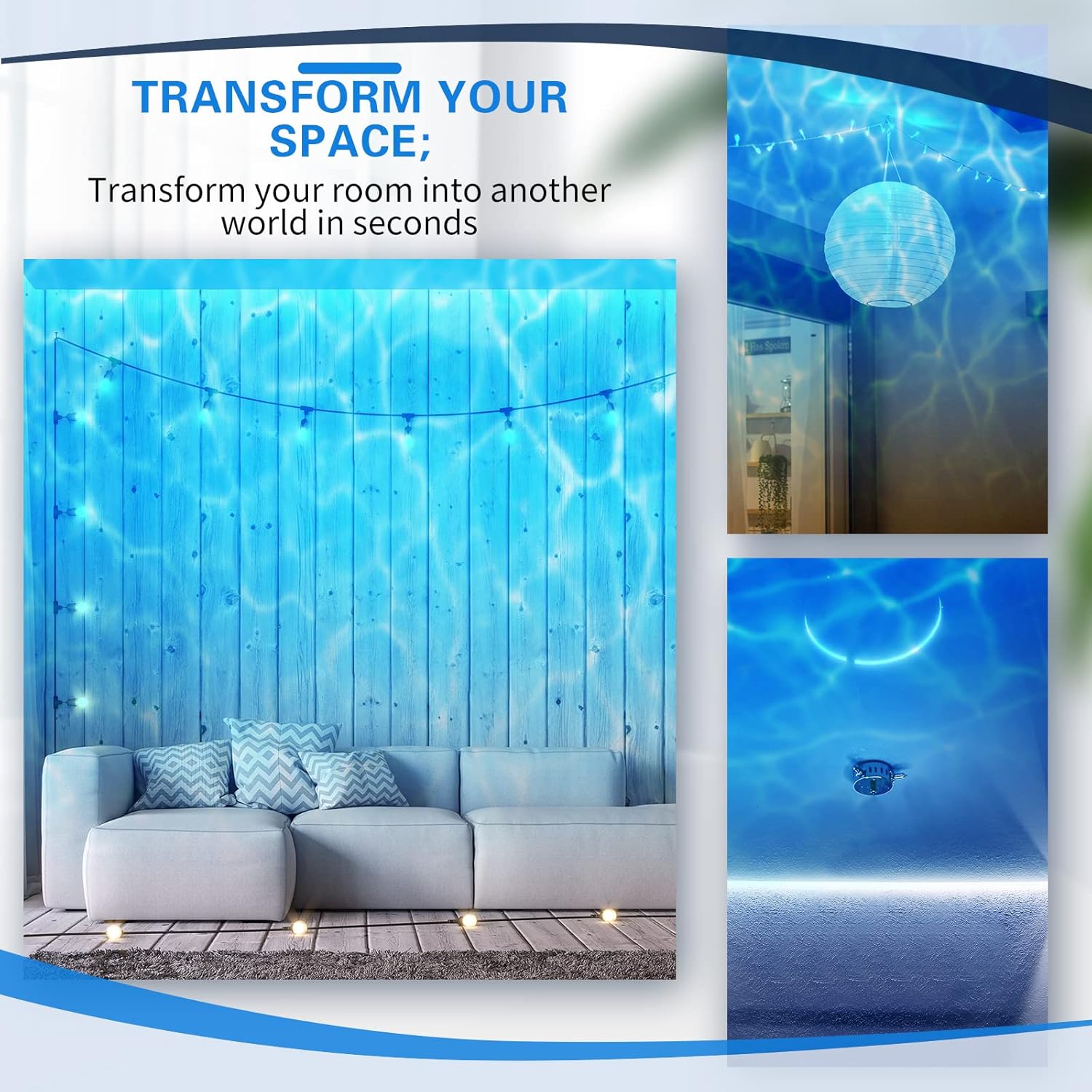 6 Pcs Water Effect Projector Light Christmas LED Ocean Wave Projector Water Wave Effect Night Light 360 Degree Rotating Room Lamp Lighting for Bedroom Under Sea Wedding Party Decoration (Blue)