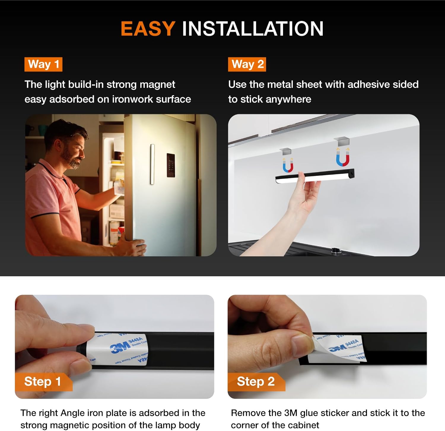 Under Cabinet Lights Remote Control,4 Pack Magnetic Rechargeable Light bar,Under Cabinet Lighting Wireless,Ceiling and Under Counter Lights for Kitchen,Wardrobe,Shelf (Black, 20 CM)